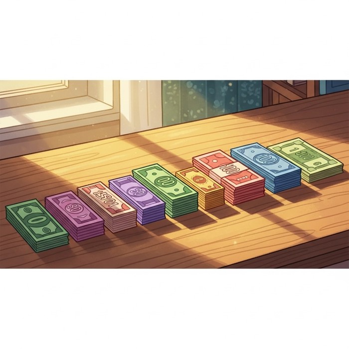 A row of colorful paper bills of different sizes and amounts laid out neatly on a table.