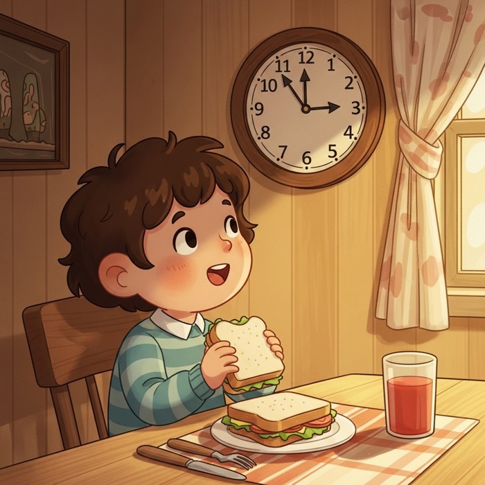 A cartoon child sitting at a lunch table with a sandwich, glancing happily at a wall clock showing lunchtime.