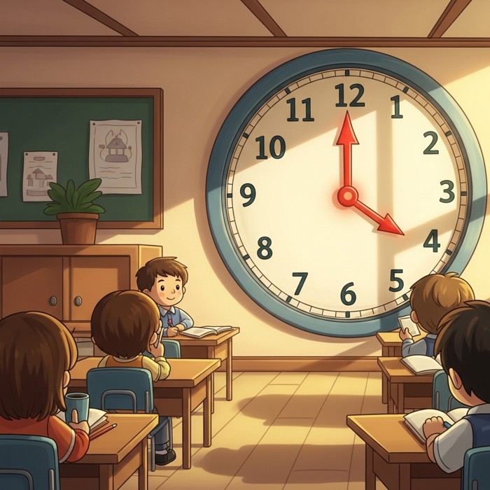 A cartoon clock with its short hand highlighted in bright red glowing brightly, big numbers around the edge, cheerful classroom setting.