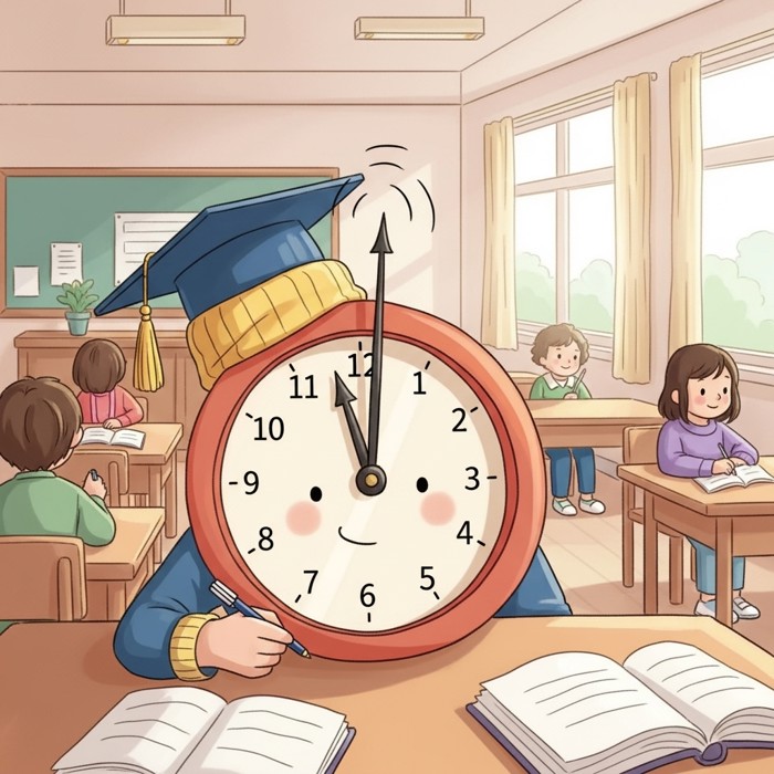 A cartoon clock with its long hand shown moving upward toward the number twelve, small motion lines, bright classroom background.