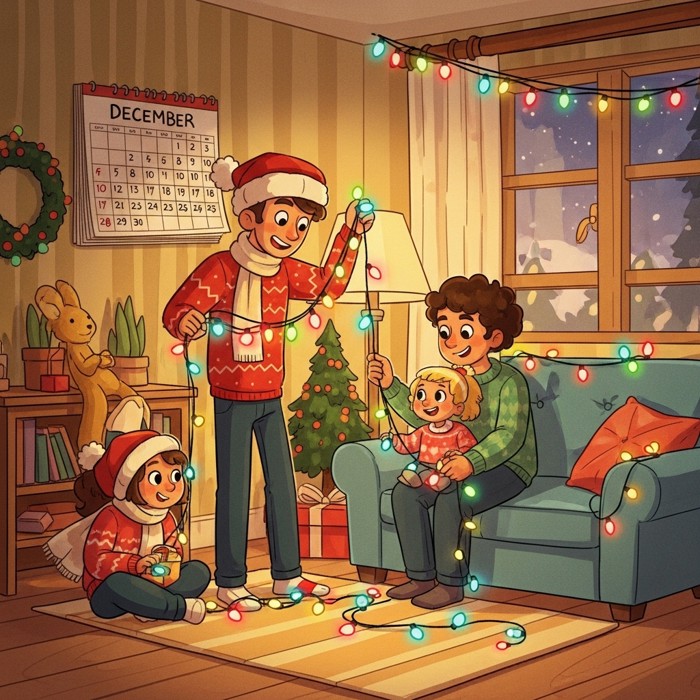 A cartoon family decorating their home with bright holiday lights, a December calendar page pinned on the wall nearby.