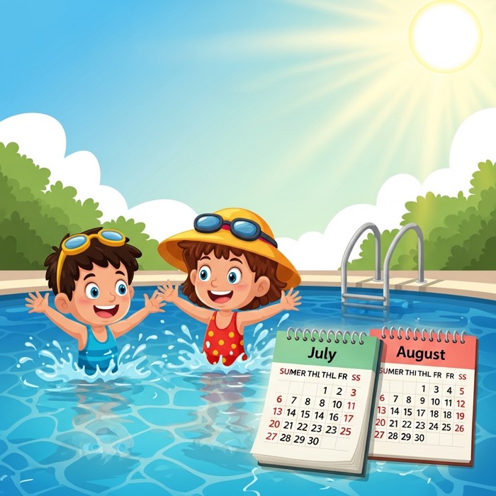 Two cartoon children playing in a pool under a bright hot sun, calendar pages for July and August glowing nearby.