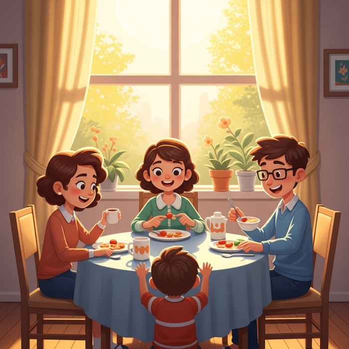 A cartoon family eating breakfast together at a sunny table, warm sunlight streaming through the window.