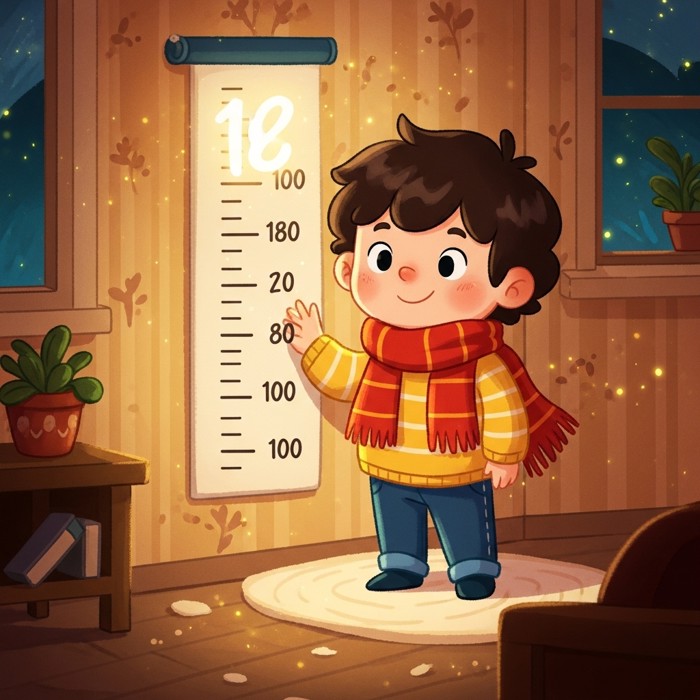 A cartoon child standing against a height chart on the wall, a glowing number marking how tall they are.