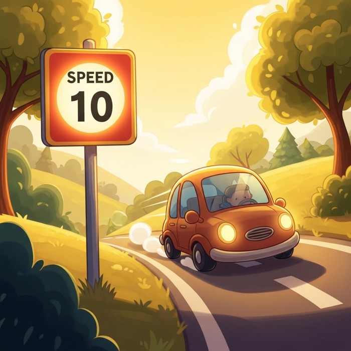 A cartoon road sign glowing with a speed limit number, a small cartoon car driving past at the correct speed.