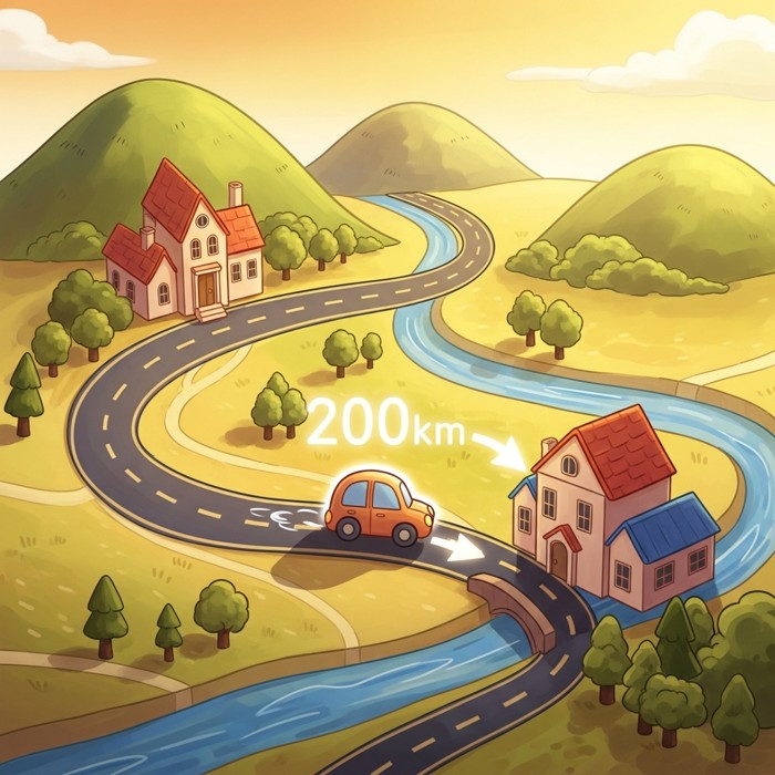 A cartoon map with a glowing number showing the distance between two towns, a small car icon on the road.