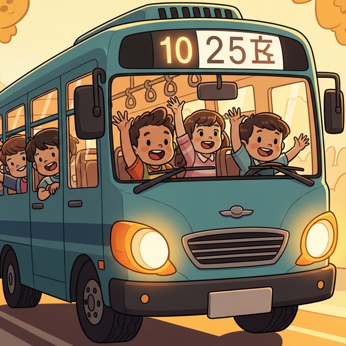 A cartoon bus with a large glowing route number on the front, children waving happily from the window.