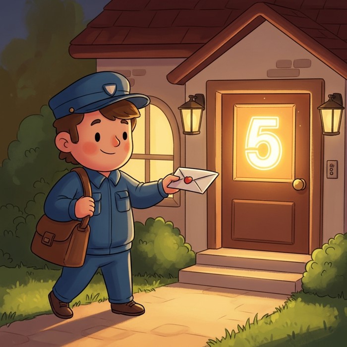 A cartoon mail carrier delivering a letter to a house with a big glowing number on the front door.