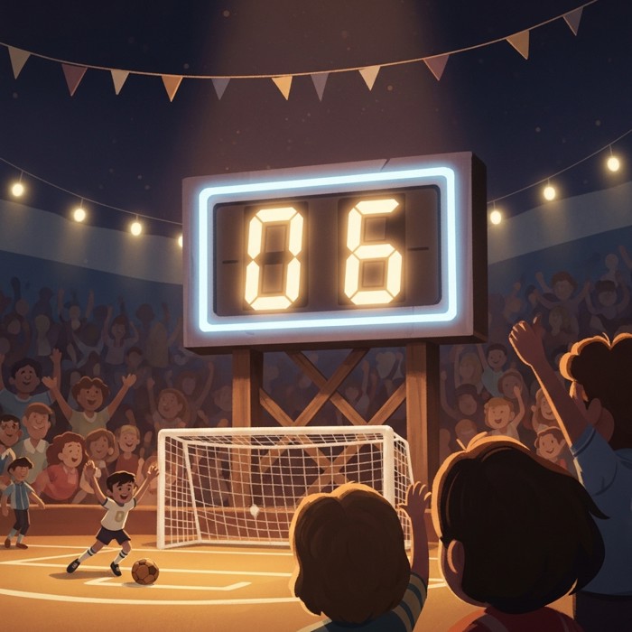 A cartoon sports scoreboard glowing brightly with two big numbers during an exciting game, cheering fans in the background.
