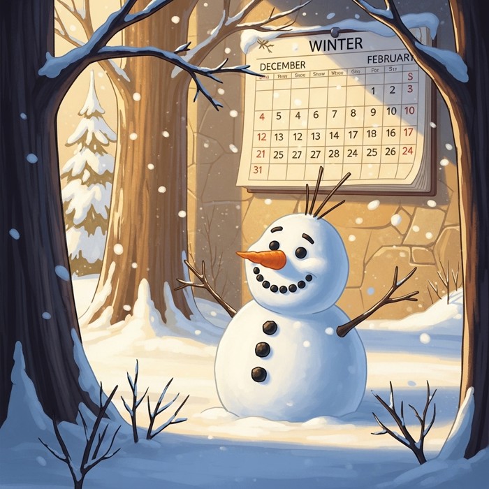 A snowy cartoon scene with a smiling snowman and bare trees, a calendar showing December, January, and February pages.