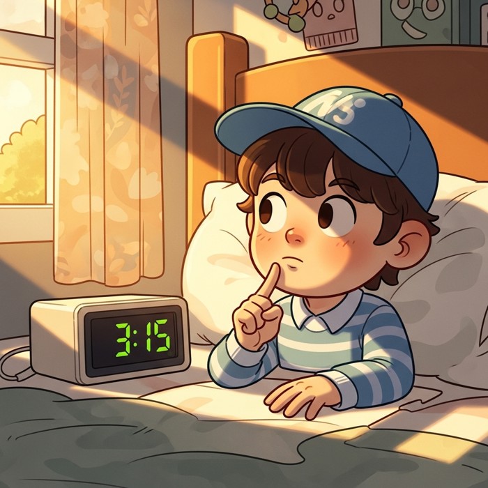 A cartoon child counting on fingers next to a digital clock reading three fifteen, thoughtful expression, cozy bedroom setting.
