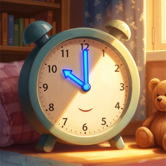 A cartoon clock with its long minute hand glowing blue, small numbered marks visible around the edge of the clock face.