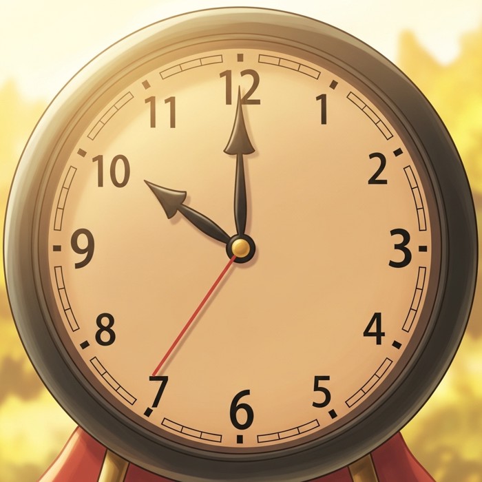 A cartoon clock with its long hand pointing straight down at the six, showing half past, sunny bright background.
