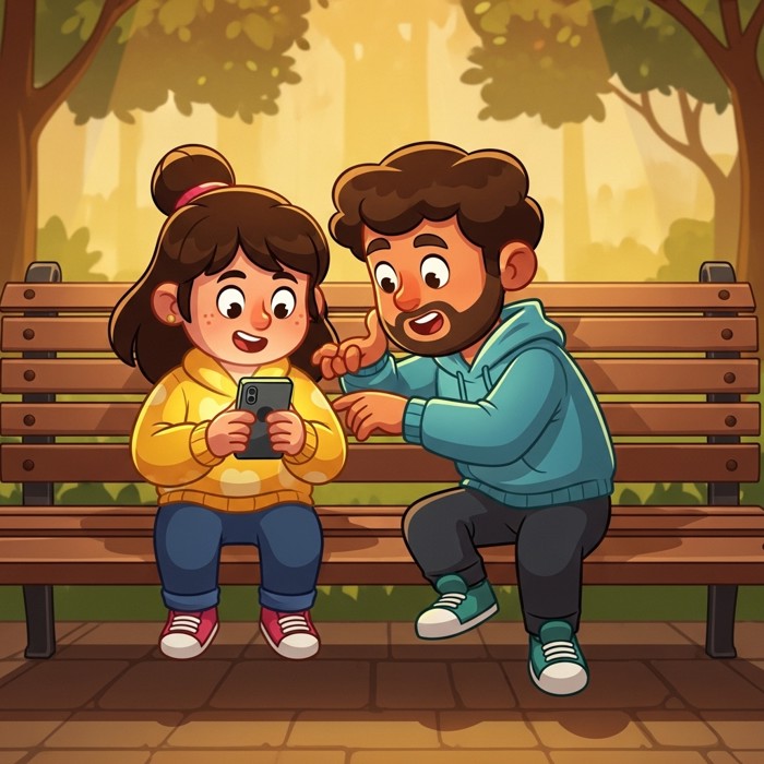Two cartoon friends chatting on a park bench, one checking a phone to answer what day it is.
