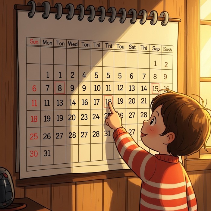 A colorful wall calendar showing a full month of days, a cartoon child running a finger across the rows.
