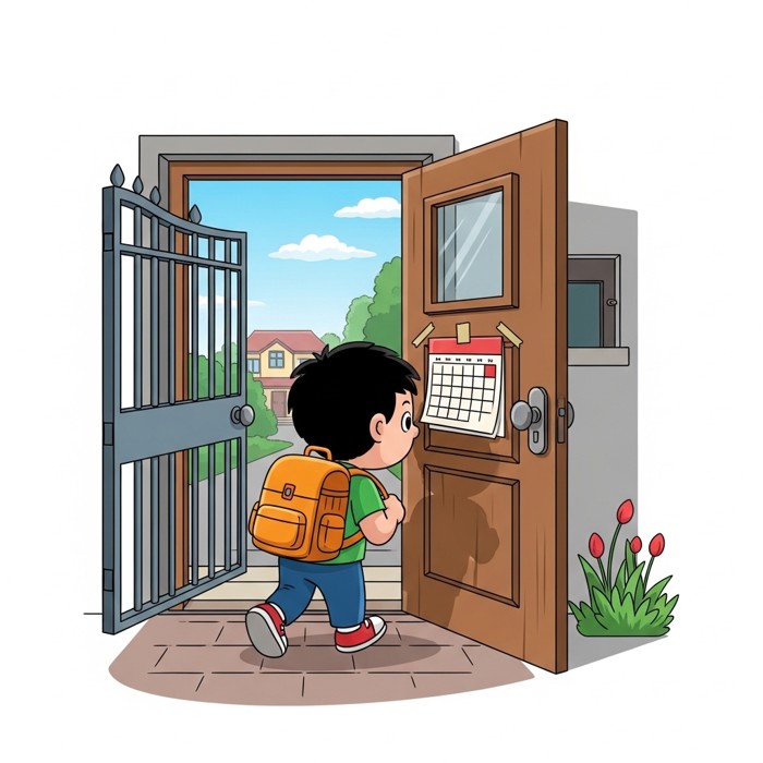 A cartoon child walking through a school gate with a backpack, looking at a calendar taped to the door.