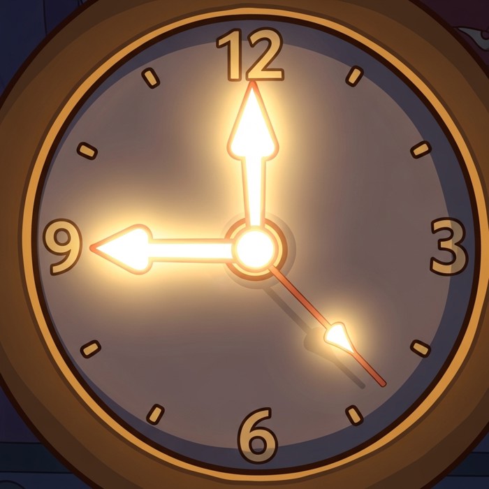 A close-up cartoon clock face with the hour hand and minute hand both glowing brightly, clearly showing a specific time.