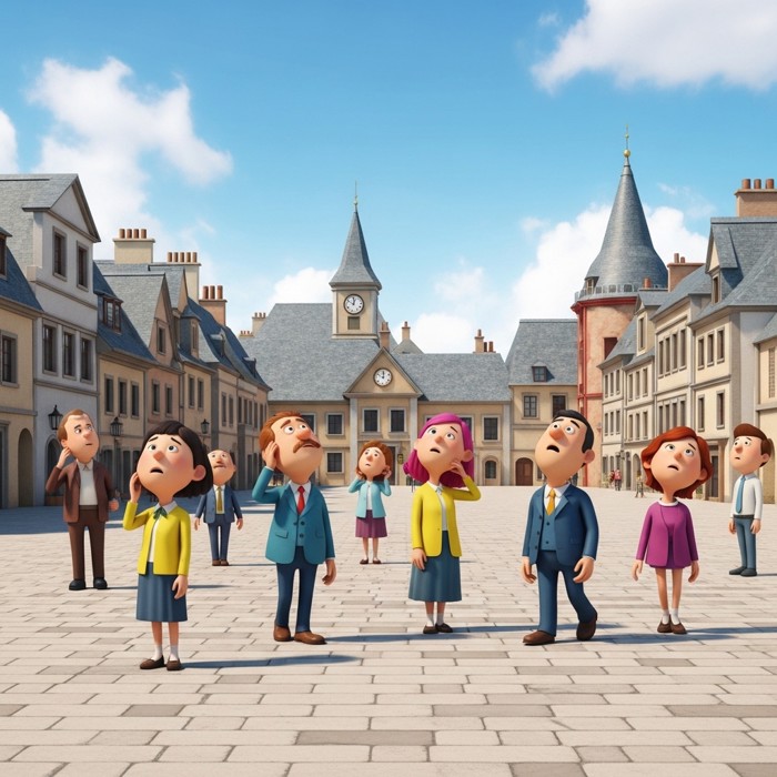 A group of confused cartoon people wandering around a town square with no clocks anywhere, looking up at the sky.