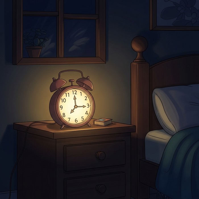 A cartoon clock glowing softly on a nightstand in a dark room, still ticking quietly through the night.
