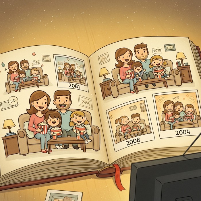 A cartoon photo album filled with pictures of a family watching movies together over many years, warm nostalgic glow.