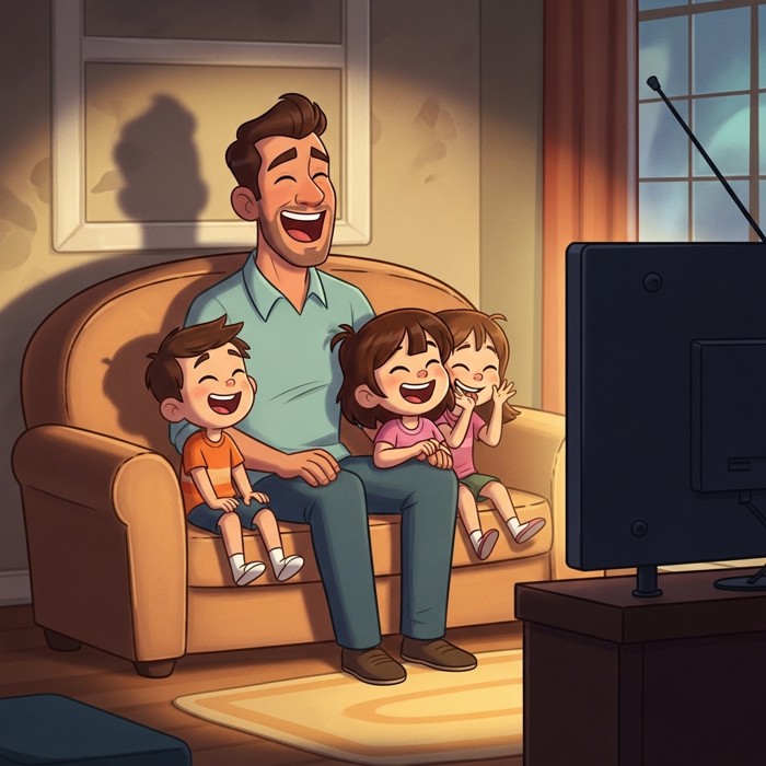 A cartoon dad chuckling at a funny scene on TV while his children giggle beside him on the couch.