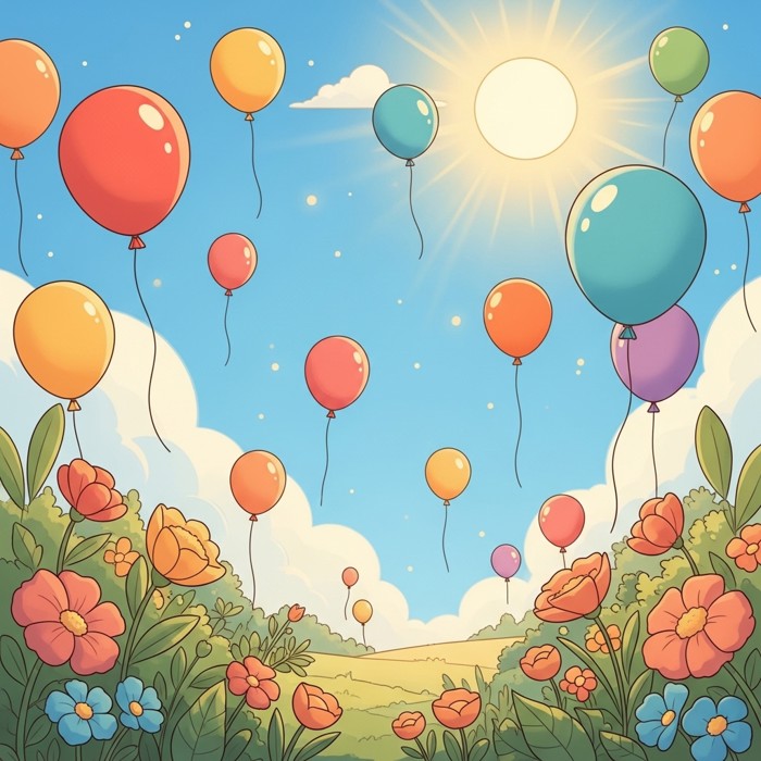 A rainbow-colored cartoon scene with balloons, flowers, and a sunny sky, everything glowing with cheerful bright hues.