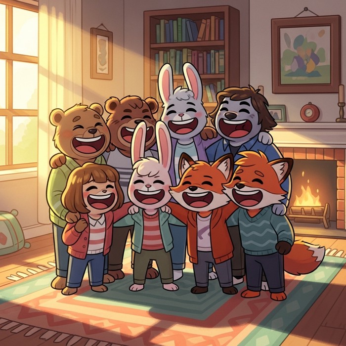 A group of cartoon friends with arms around each other, laughing together in a bright, warm living room.