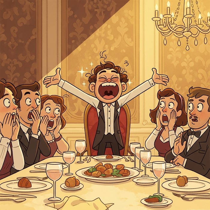 A cartoon character blurting out a joke at a fancy dinner party, other guests gasping with wide eyes.