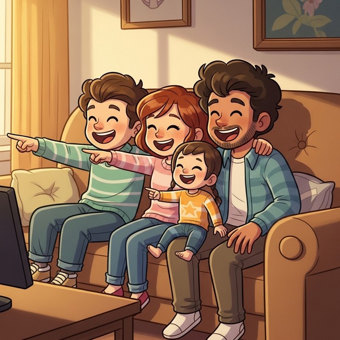 Three cartoon friends on a couch laughing together at the same time, all pointing at the screen.