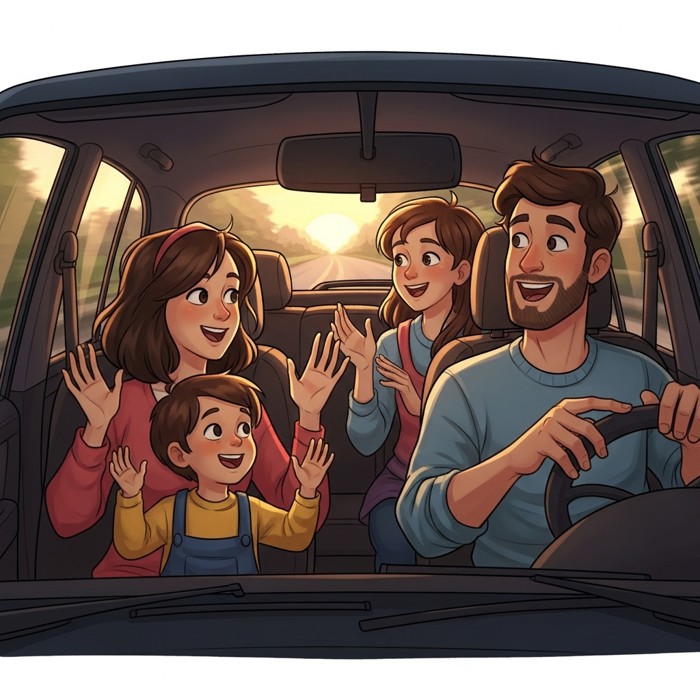 A cartoon family in a car, hands gesturing excitedly as they chat about the movie's best scenes.