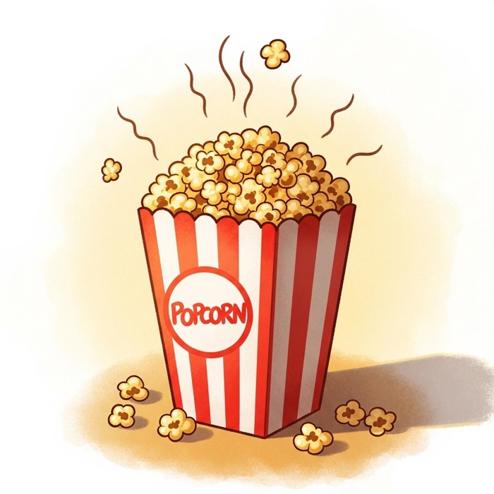 Steamy golden popcorn overflowing from a red-and-white striped box, delicious smell lines drawn around it.