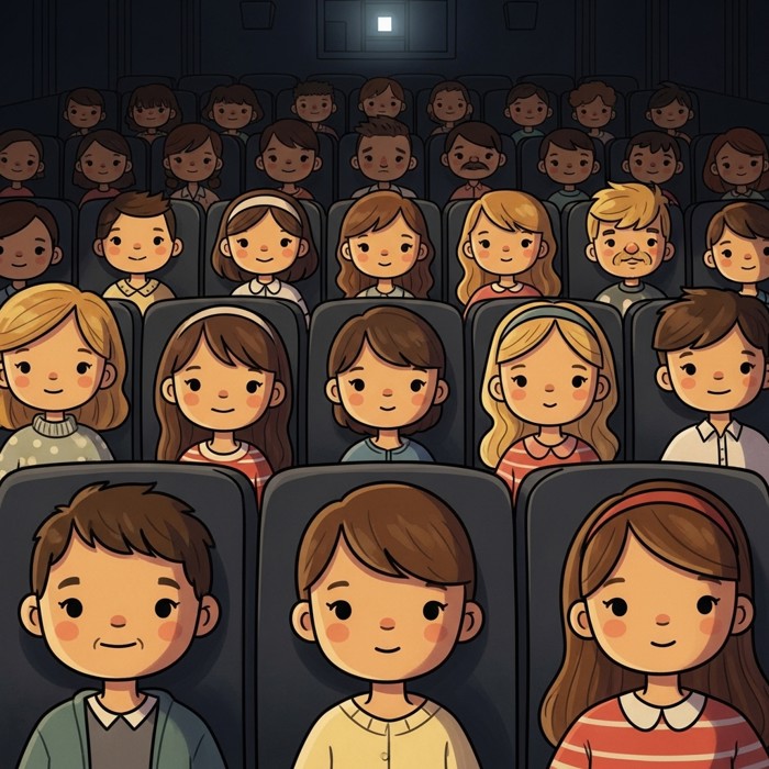 Rows of cartoon moviegoers sitting quietly, all facing the same direction, faces lit by the glowing screen.