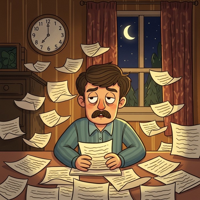 A cartoon actor surrounded by many crumpled script pages, tired but determined, a clock showing late hours.