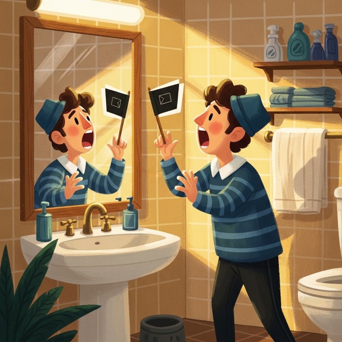 A cartoon actor standing in front of a bathroom mirror, mouth open, practicing lines with big gestures.