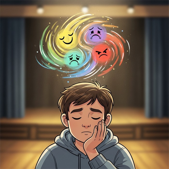 A cartoon actor closing their eyes, imagining the emotions of their character glowing softly above their head.