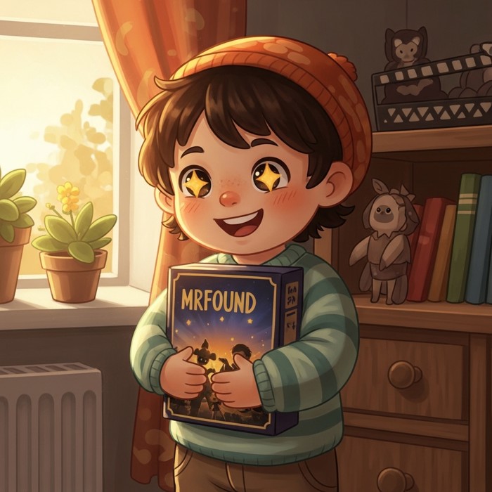 A cartoon child's eyes sparkling with delight, holding a newly discovered movie box close to their chest.