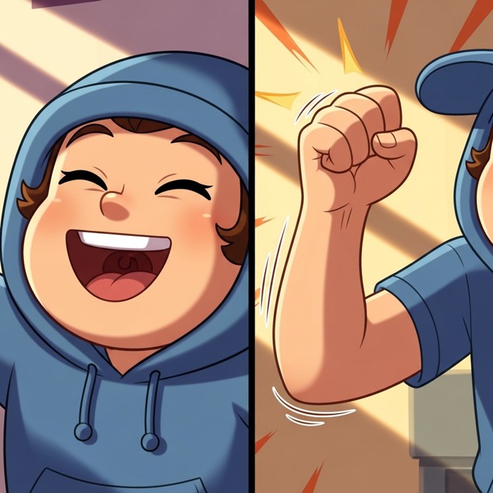 A split cartoon image: one side shows a laughing face, the other an excited fist-pumping pose.