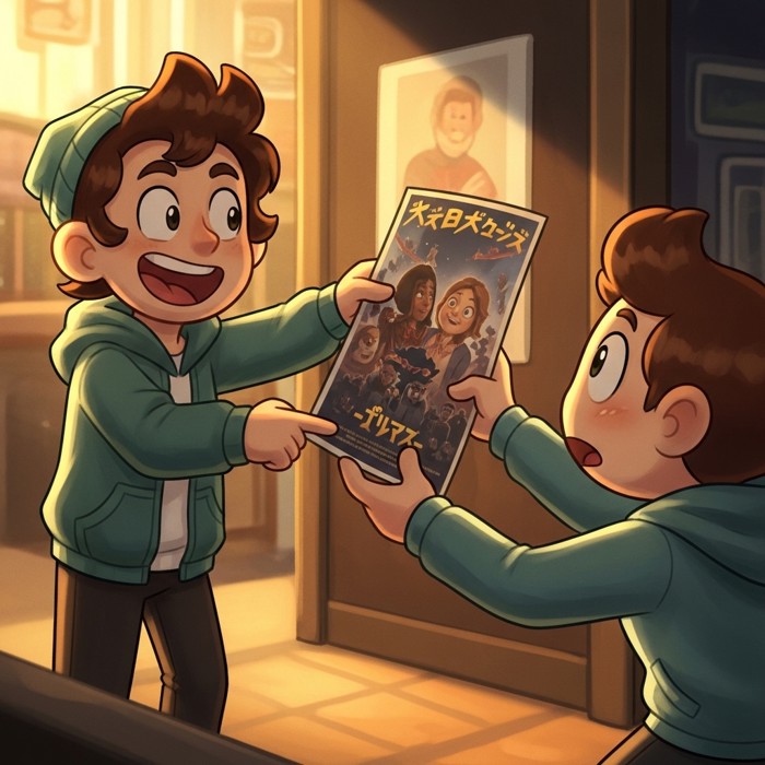 A cartoon friend excitedly pointing at a movie poster, handing it eagerly to another friend.