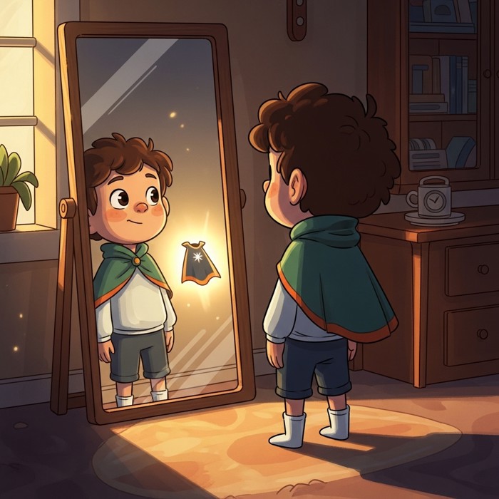 A cartoon child standing tall in front of a mirror, seeing a small glowing cape reflected behind them.
