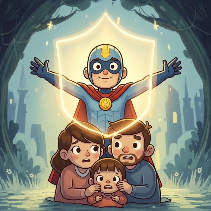 A cartoon hero shielding a small frightened family with their arms spread wide, a bright energy shield glowing.