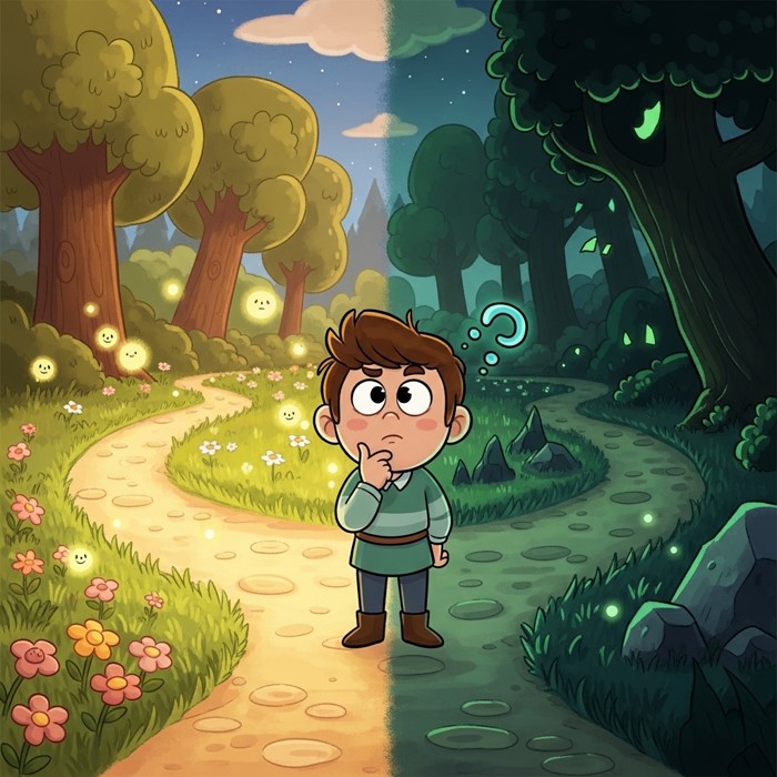 A cartoon hero standing between two glowing paths, one safe and one dangerous, thinking hard.