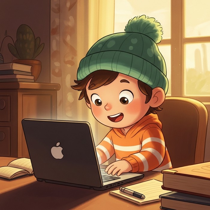 A cartoon child eagerly opening a laptop to search for more facts right after the movie ends.