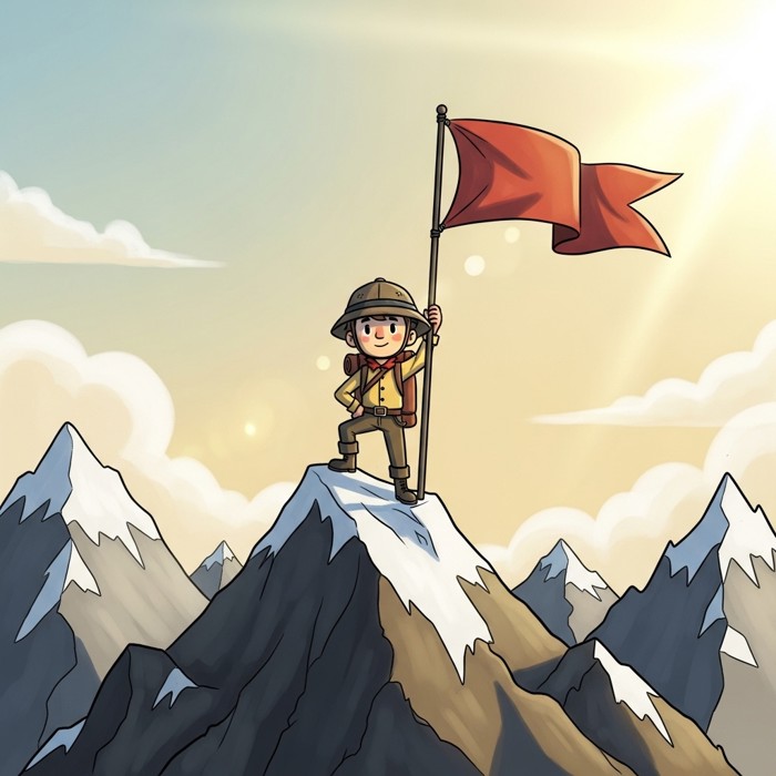 A cartoon explorer in old gear standing on a mountain peak, flag raised proudly against the sky.