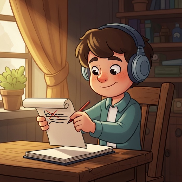 A cartoon director holding a script, crossing out a line and writing a new one with a small smile.