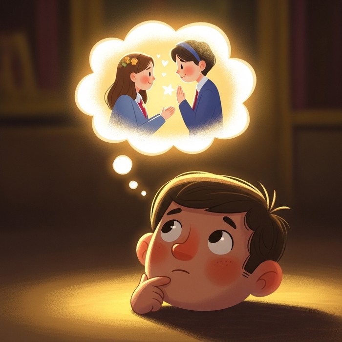 A glowing thought bubble above a cartoon head, showing a small replay of a touching movie scene inside.