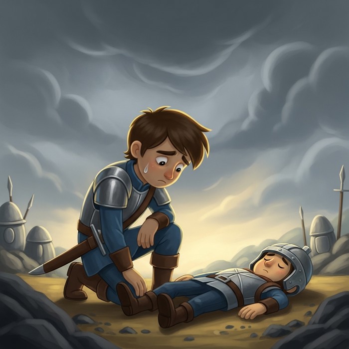 A cartoon hero kneeling sadly beside a fallen friend on a battlefield, dramatic gray sky above.