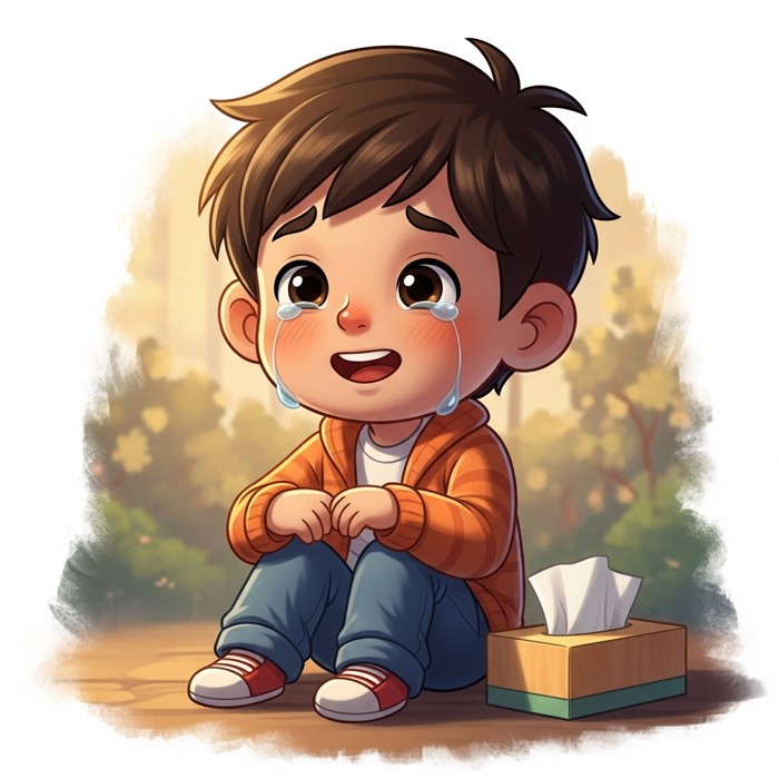 A cartoon boy smiling gently through his tears, a tissue box beside him, no shame in his warm expression.