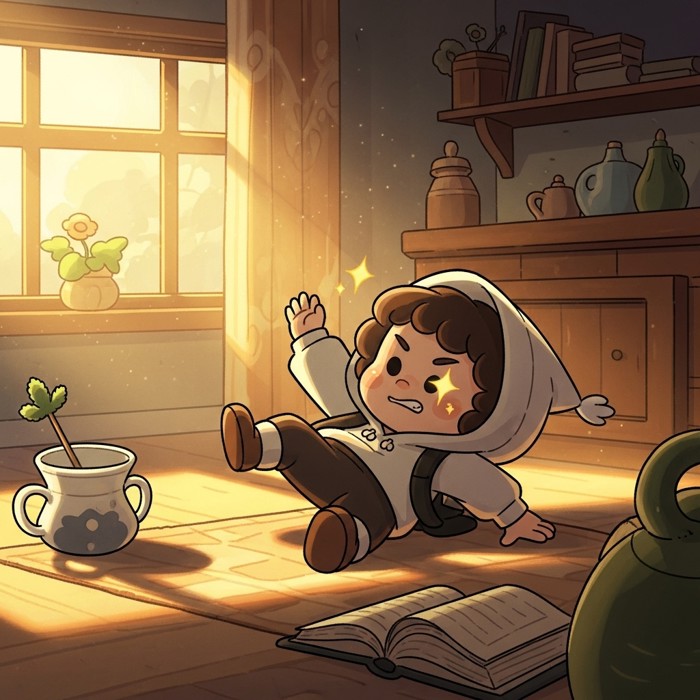 A cartoon character falling down but standing back up again, determined sparkle in their eyes.