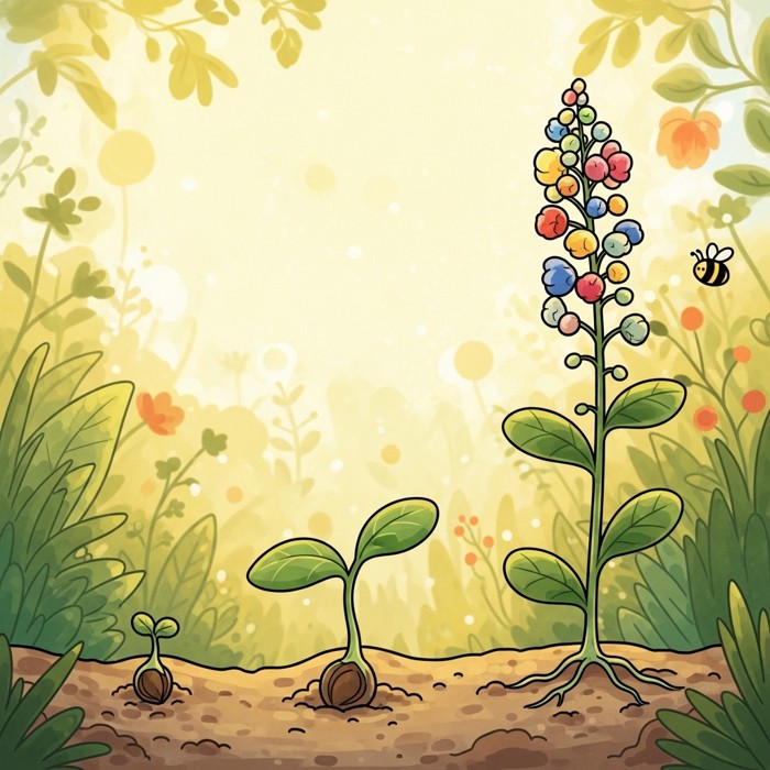 A cartoon plant growing from a small seed into a tall flower, symbolizing the character's growth.