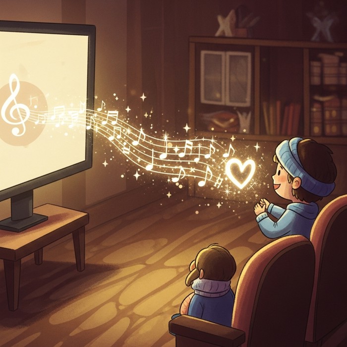 A glowing musical path leading from a movie screen straight into a viewer's heart, guiding their emotions.